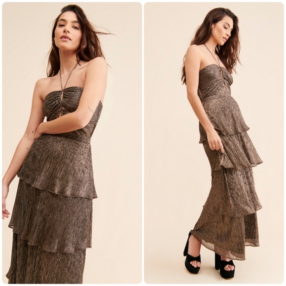 New! Yumi Kim Serenity Metallic Brown Maxi Tiered Halter Dress 🤎 XL